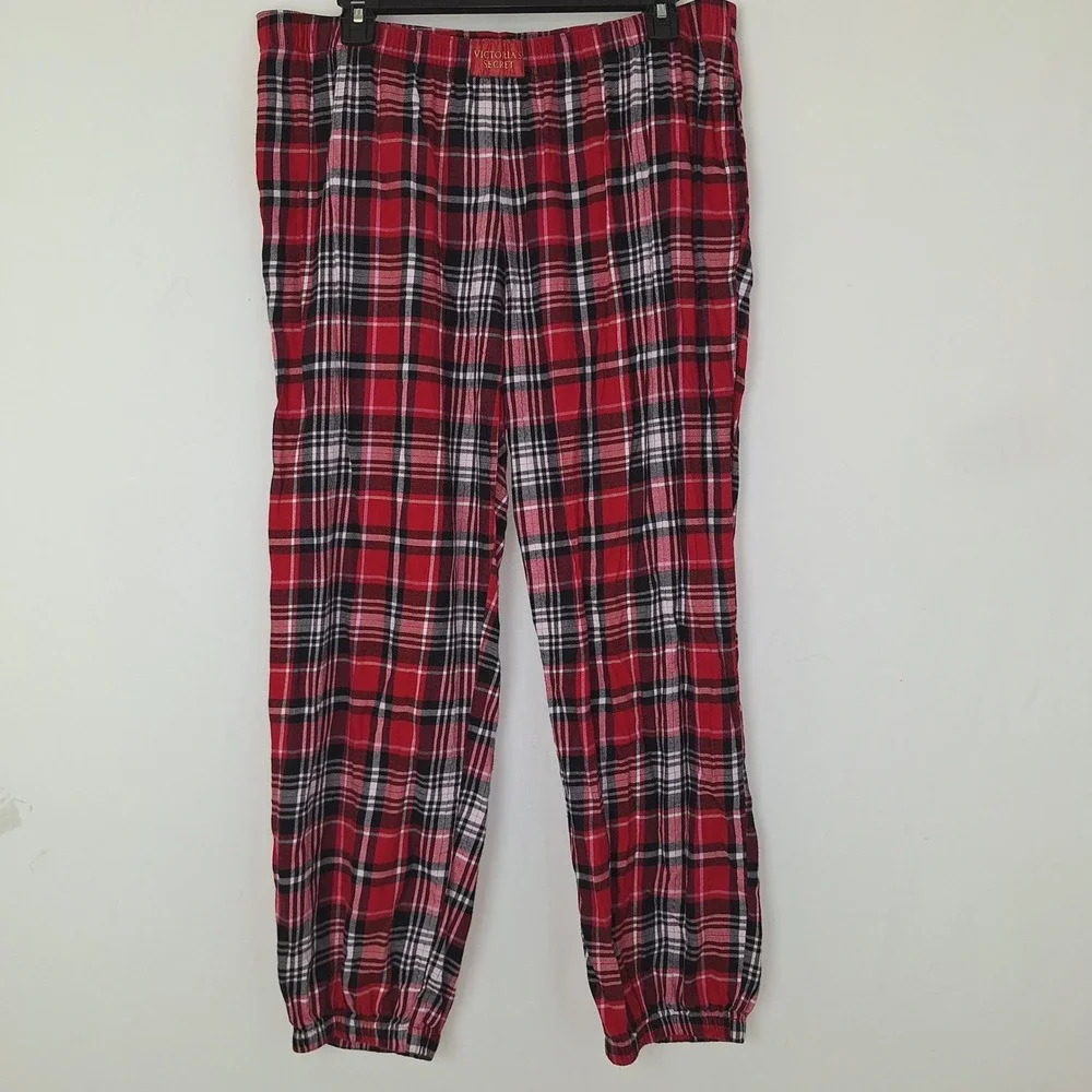 Cozy Plaid Pajama Joggers Victoria's Secret Large Red Black Pants Cuffed Ankles